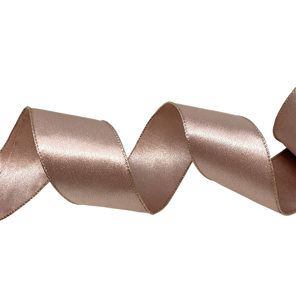 Rose Pink Satin Ribbon with Rose Gold Edge, 2.5″ x 10yd, soft sheen, metallic edging.