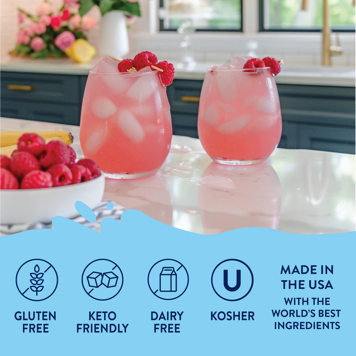 Sugar Free Raspberry Syrup in two drinks, keto-friendly, gluten-free, dairy-free, kosher, zero calorie. Sizes: 12oz and 25oz.