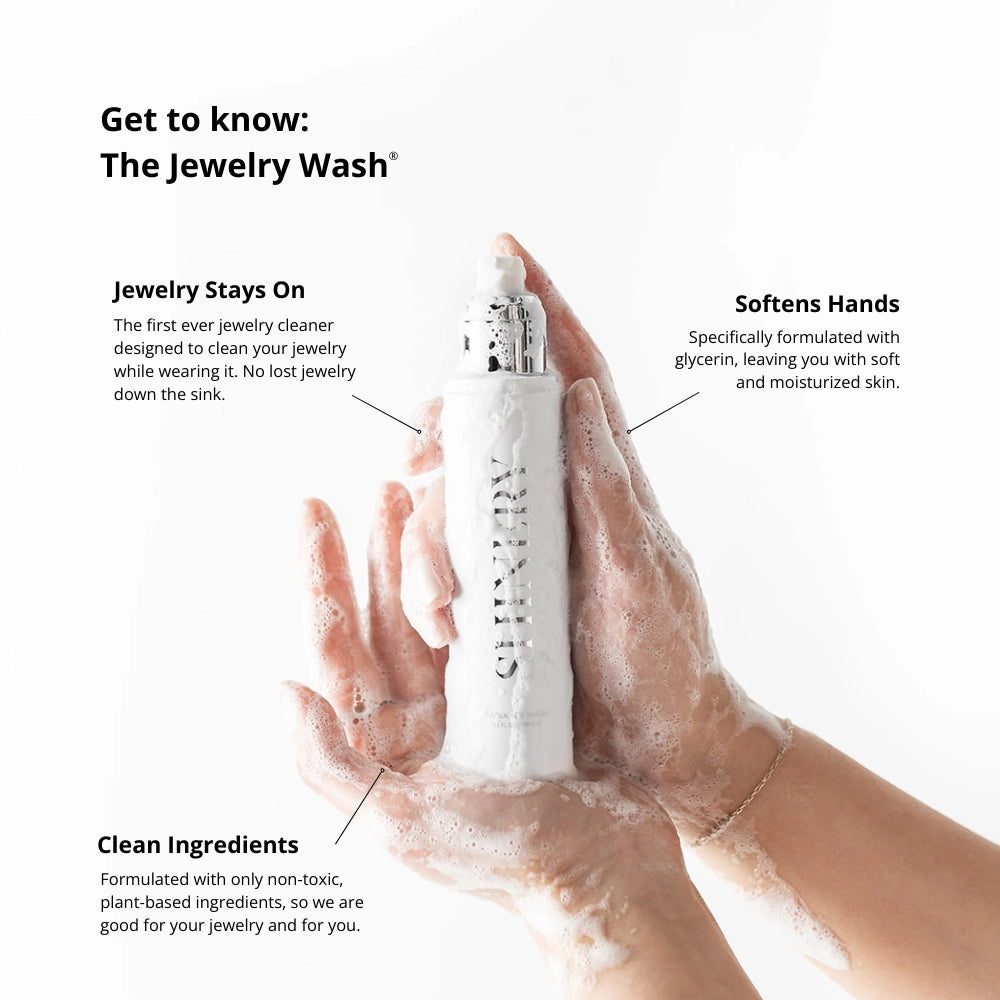 Jewelry Wash® by Shinery creates lather, keeps jewelry on, uses clean, non-toxic ingredients. Available in multiple sizes.