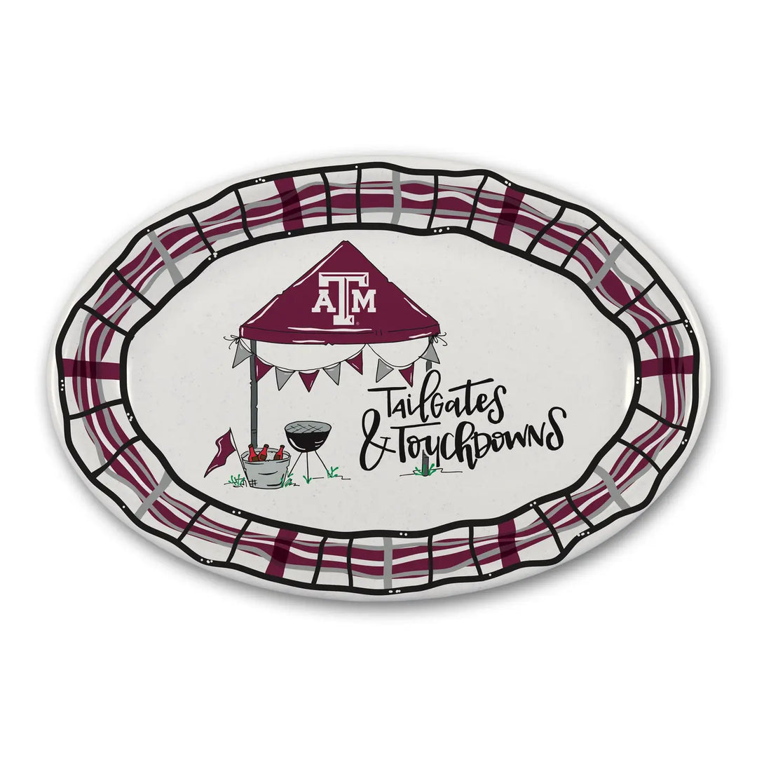TAMU BBQ Oval Melamine Platter with maroon/white plaid border and Aggie graphics. Available in standard 16" size.