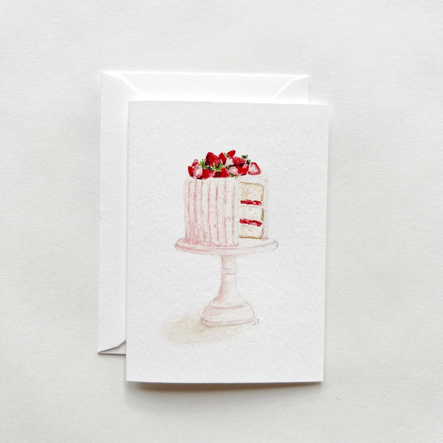 Pink Cake Mini Notecard with watercolor cake design, includes envelope. Available in mini size. Ideal for notes or gift cards.