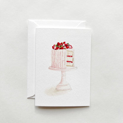 Pink Cake Mini Notecard with watercolor cake design, includes envelope. Available in mini size. Ideal for notes or gift cards.