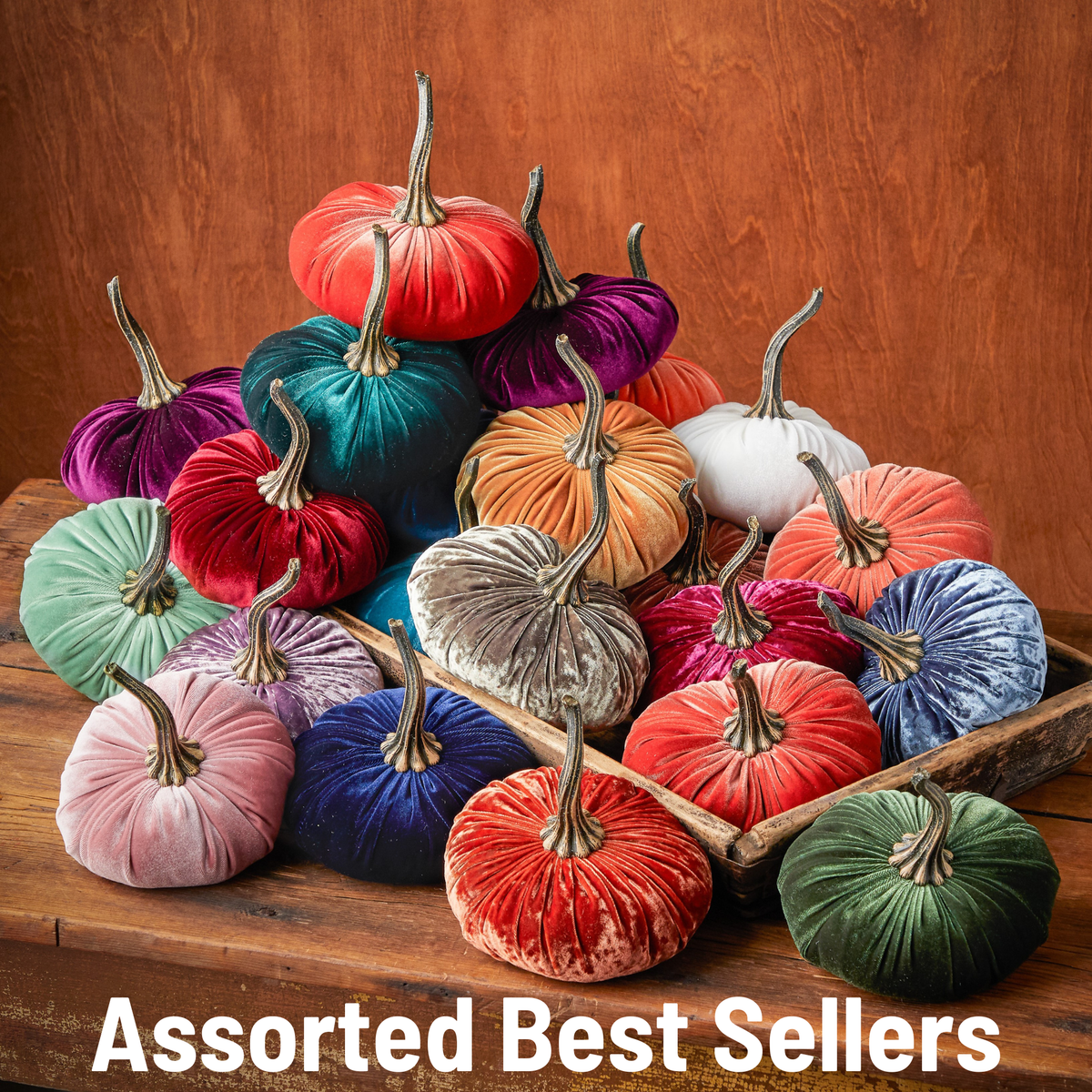 Large velvet pumpkin in “Fern” shade, available in assorted sizes.