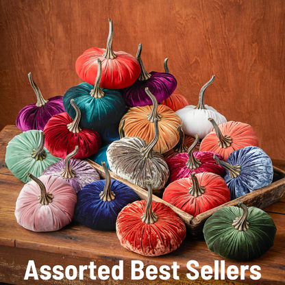 A Luxe Moss Pumpkin Large Velvet with long stems; available in large size. The text “Assorted Best Sellers” appears at the bottom.