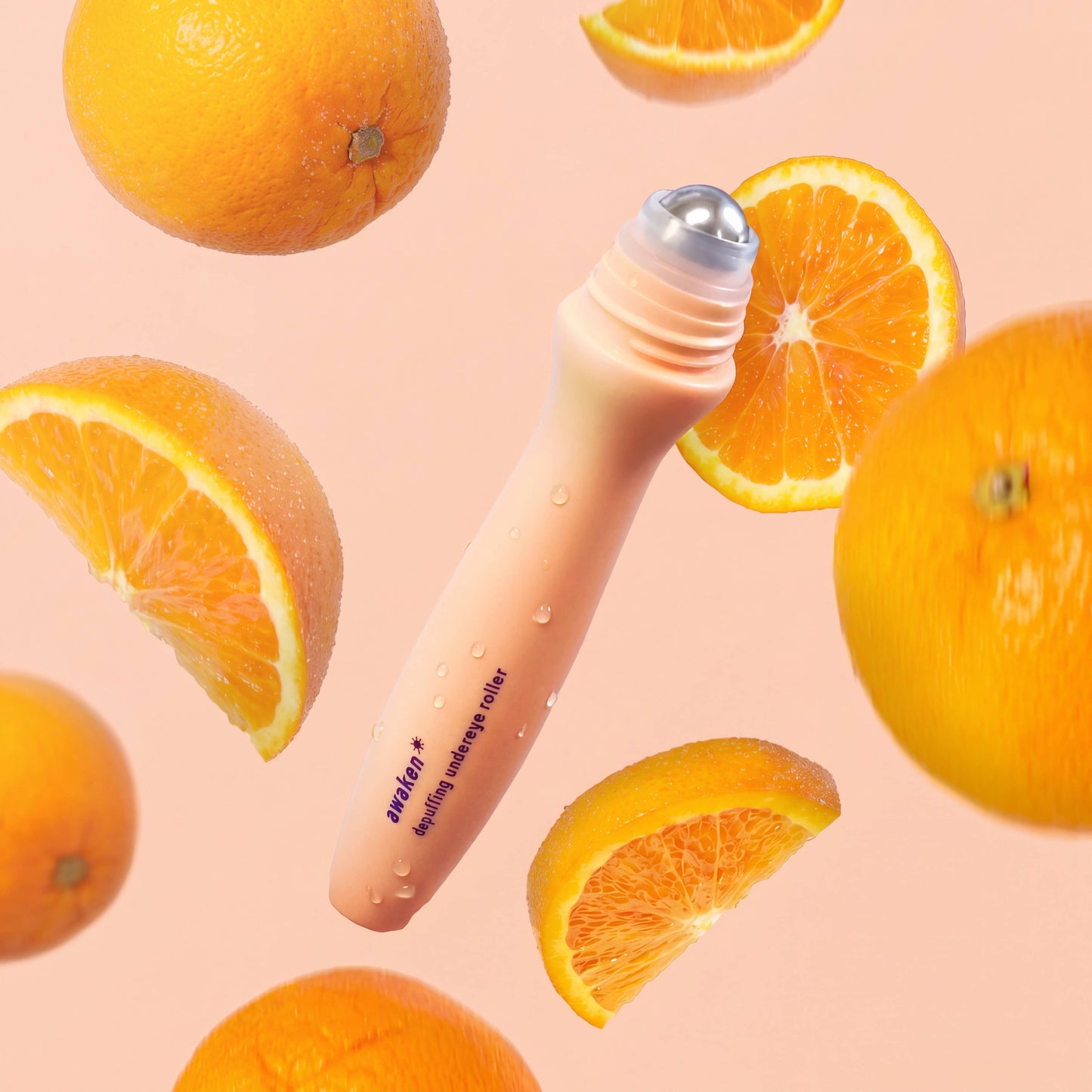 Depuffing Under Eye Roller with Caffeine & Vitamin C features a peach-colored applicator. Available in 15ml and 30ml sizes.