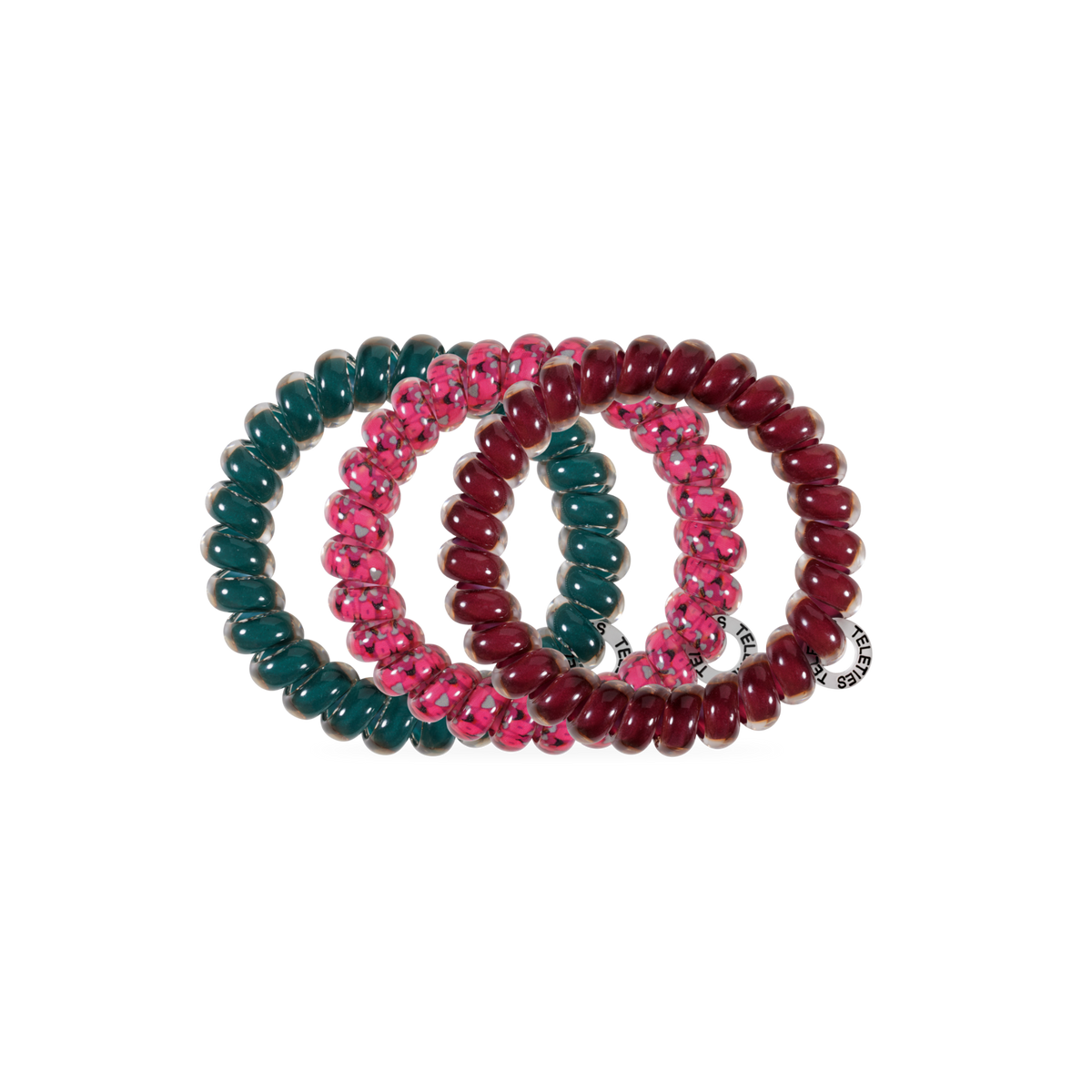 Three Harvest Hues TELETIES Large Hair Ties in dark green, pink with a transparent pattern, and maroon, each with a small white tag. Available in large size.