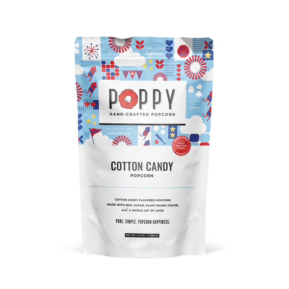 Limited-edition Cotton Candy Popcorn bag with red, blue, and white design; sizes available: 4oz and 8oz.