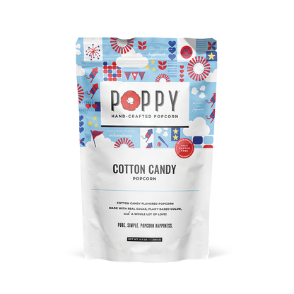 Limited-edition Cotton Candy Popcorn bag with red, blue, and white design; sizes available: 4oz and 8oz.