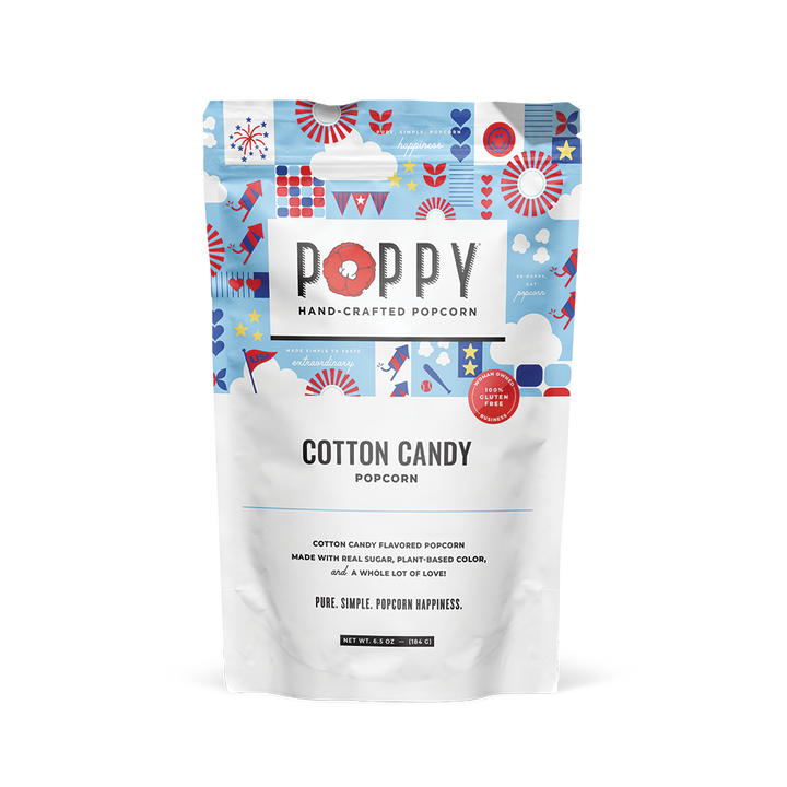 Limited-edition Cotton Candy Popcorn bag with red, blue, and white design; sizes available: 4oz and 8oz.