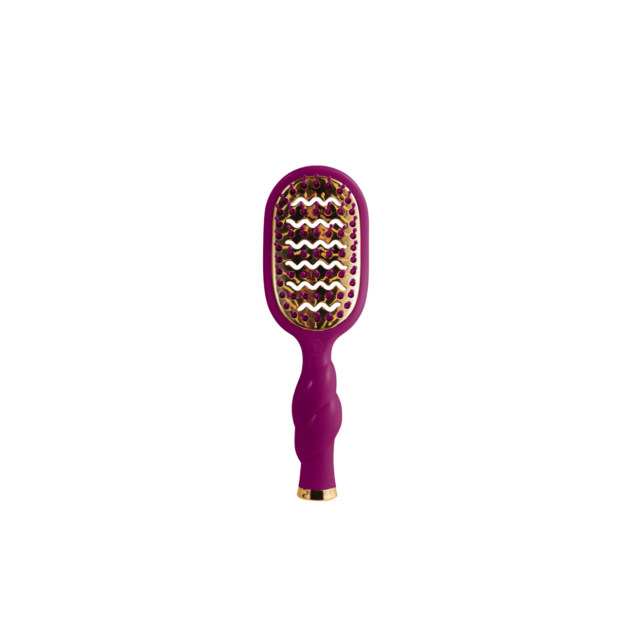 The Mini Vented Hair Brush - Mulberry has a purple body, gold accents, and a vented, curved design. Available in mini size.