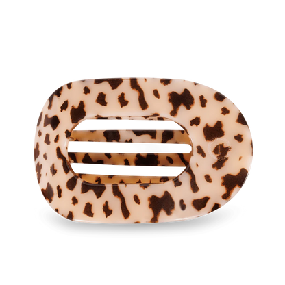 The TELETIES Flat Round Hair Clip features a large oval shape with a tortoiseshell leopard print on a black background. Available size: Large.