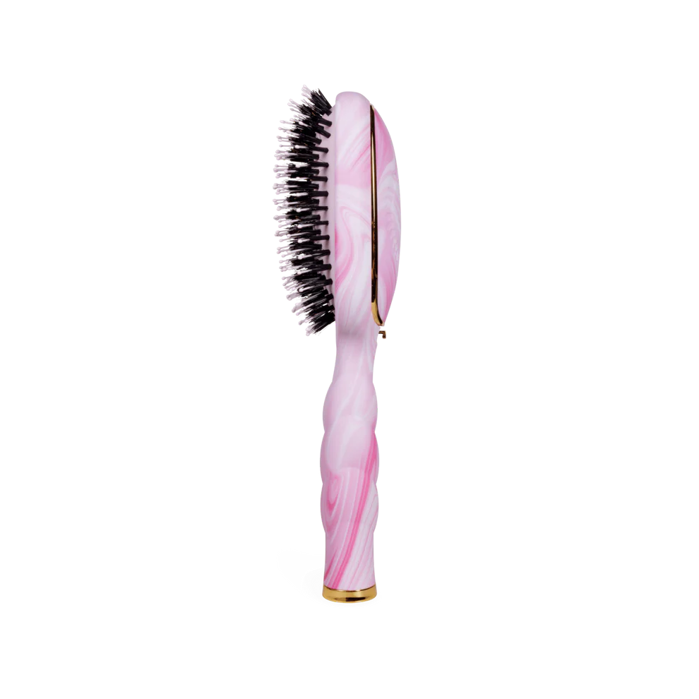 Pink and white marbled handle, black bristles tipped white, gold accents; designed for frizz control. Sizes: not specified.