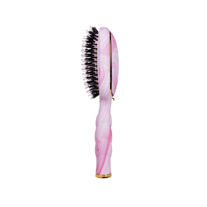 Pink and white marbled handle, black bristles tipped white, gold accents; designed for frizz control. Sizes: not specified.