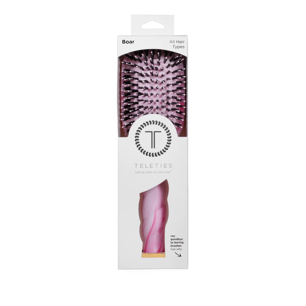 Pinch Me! Tie Dye Pink Boar Bristle Hair Brush in TELETIES box; black/white bristles. Available in standard and travel sizes.