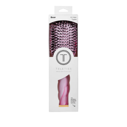 Pinch Me! Tie Dye Pink Boar Bristle Hair Brush in TELETIES box; black/white bristles. Available in standard and travel sizes.