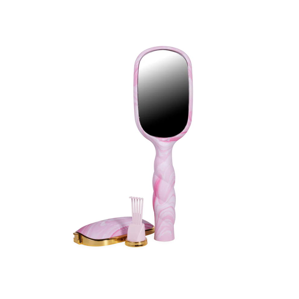 Pink marbled boar bristle brush set with gold accents, handheld mirror, and cleaning brush. Available in one size.
