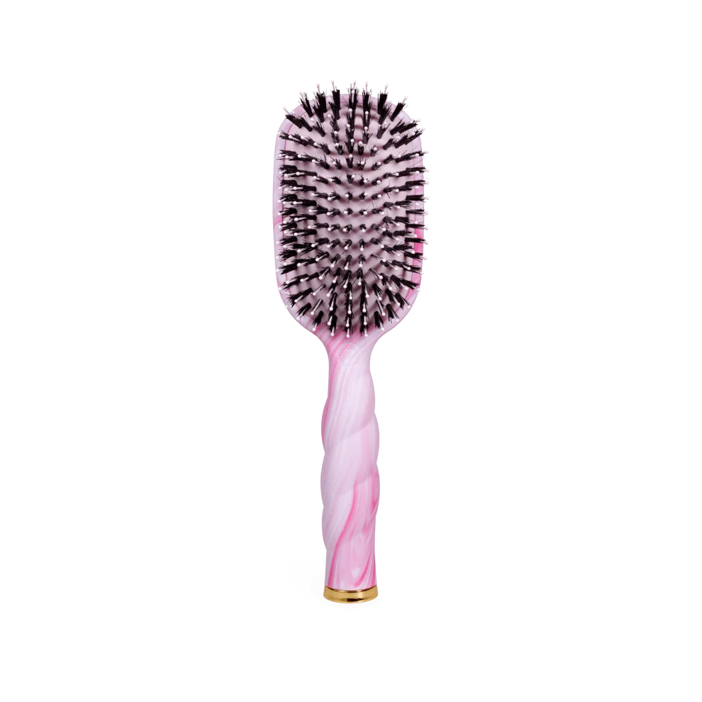 Pinch Me! Tie Dye Pink Boar Bristle Hair Brush with marbled handle, black bristles; available in standard size.