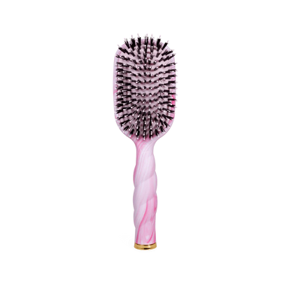 Pinch Me! Tie Dye Pink Boar Bristle Hair Brush with marbled handle, black bristles; available in standard size.