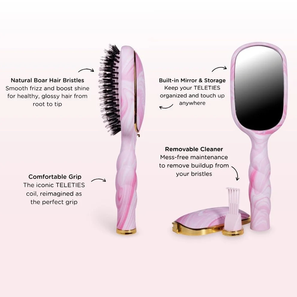 Pinch Me! Tie Dye Pink Boar Bristle Hair Brush with frizz control, comfy grip, mirror, storage, cleaner brush. Sizes: S, M, L.