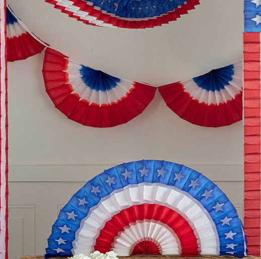 Red, white, and blue patriotic bunting with star patterns. Available sizes: 3ft, 6ft, 10ft.