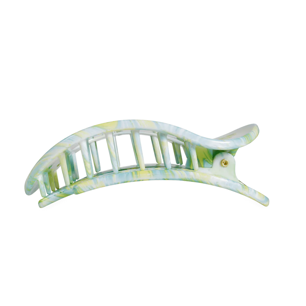 Pastel green and yellow marbled Flat Round Hair Clip with curved design and interlocking teeth. Available in multiple sizes.