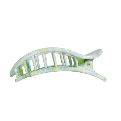 Pastel green and yellow marbled Flat Round Hair Clip with curved design and interlocking teeth. Available in multiple sizes.