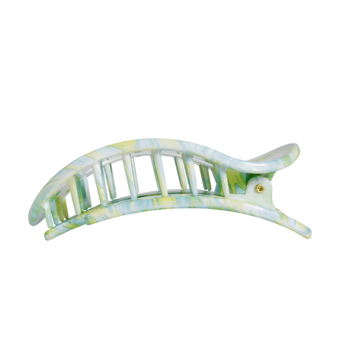 Pastel green and yellow marbled Flat Round Hair Clip with curved design and interlocking teeth. Available in multiple sizes.