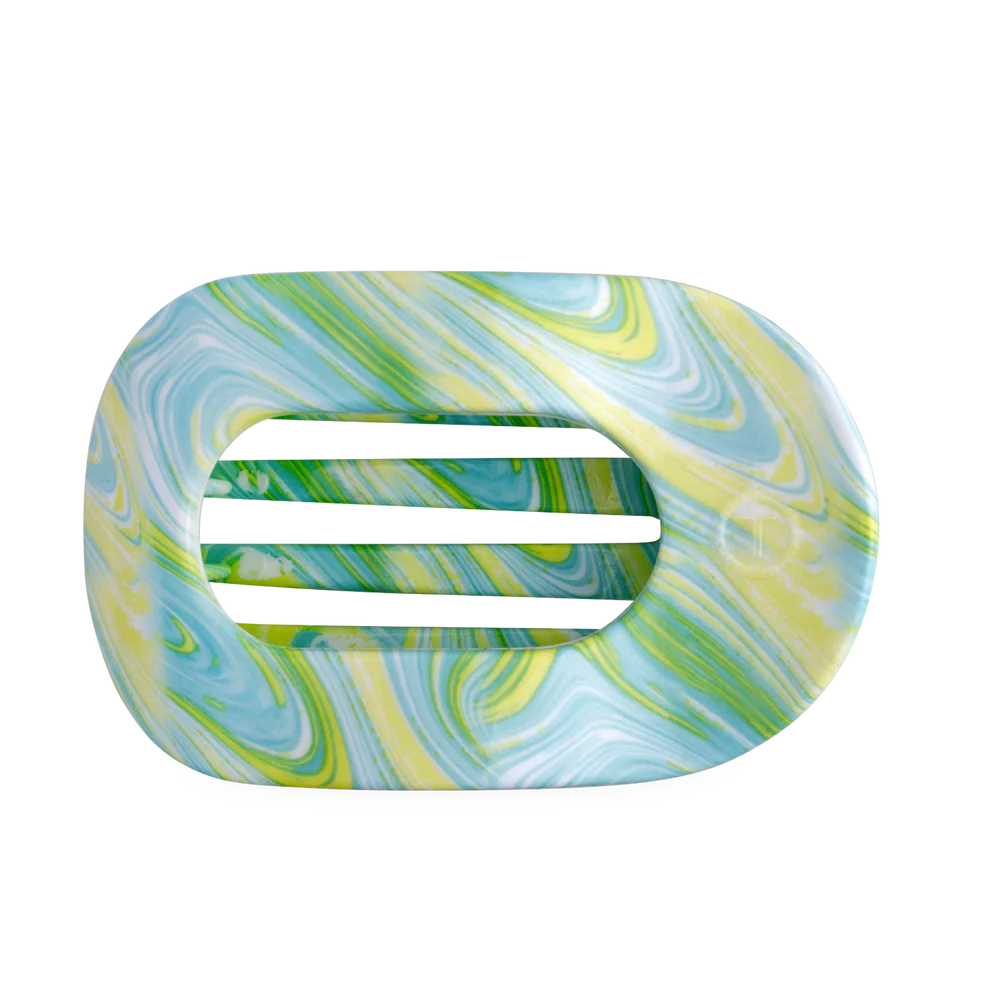 Rectangular soap dish with rounded edges, tie dye blue-green-yellow marble pattern, two center slats. Sizes: small, large.