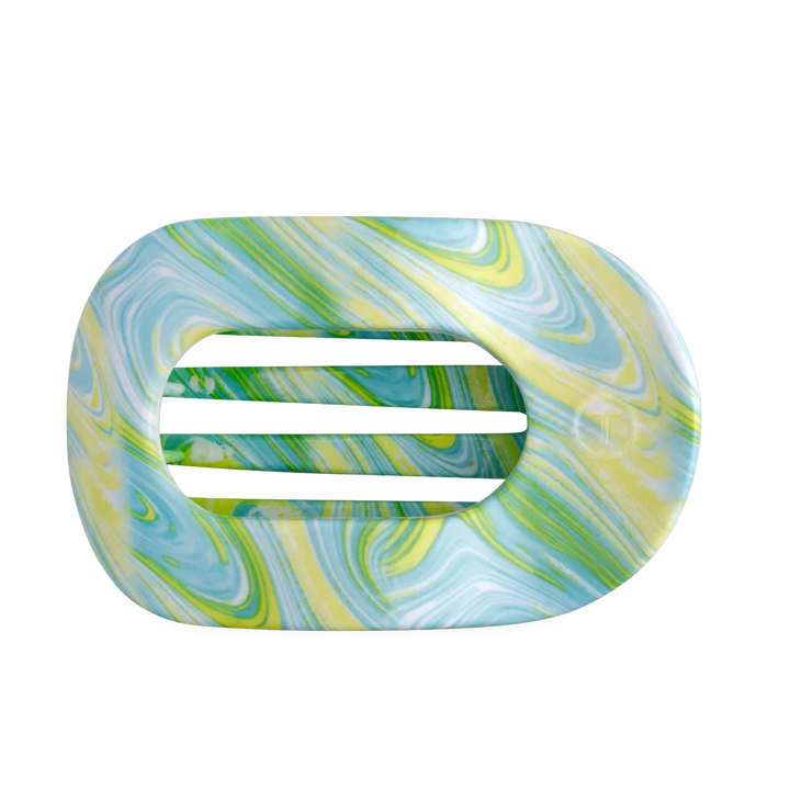 Rectangular soap dish with rounded edges, tie dye blue-green-yellow marble pattern, two center slats. Sizes: small, large.