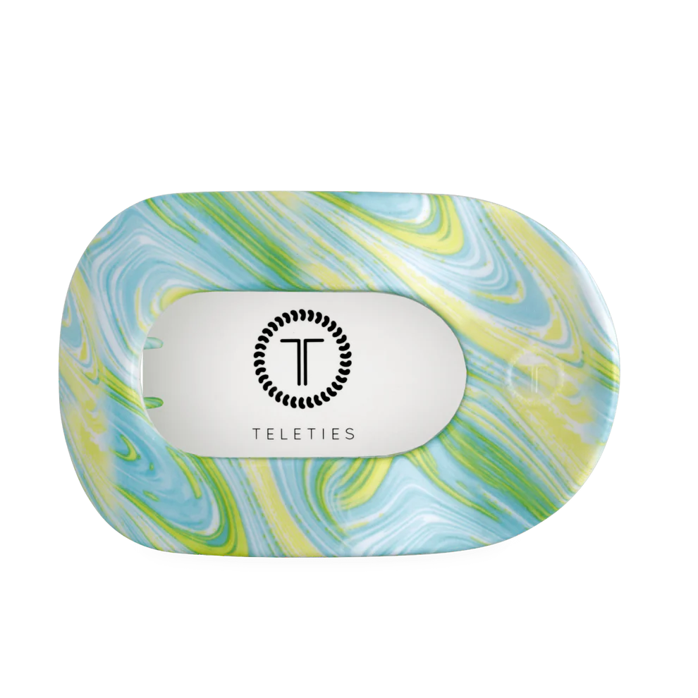 Flat Round Hair Clip | Summer Tie Dye Edition in blue, green, yellow swirl with Teleties logo; available in small and large.