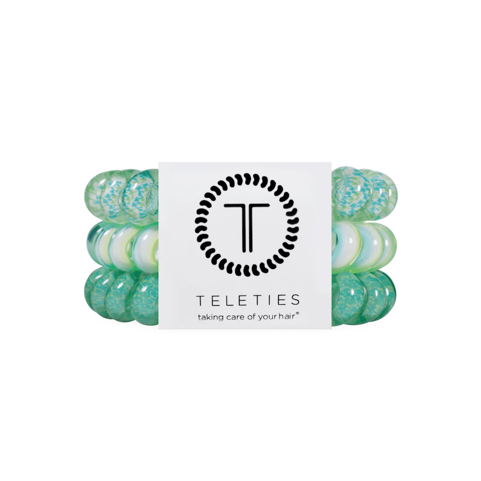 Three green and blue TELETIES Hair Ties with logo card. Available in small, medium, and large sizes.