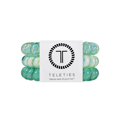 Three green and blue TELETIES Hair Ties with logo card. Available in small, medium, and large sizes.
