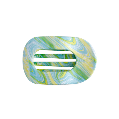 Flat round hair clip with green, yellow, white, and blue marbled tie dye pattern. Available in small and large sizes.