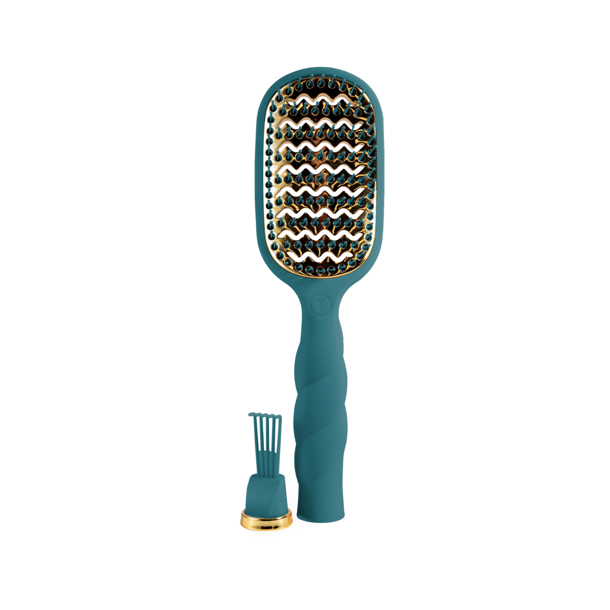 The Vented Hair Brush - Teal With It features a teal and gold wavy design with anti-static bristles for faster blowouts. Available sizes: small, medium, large.