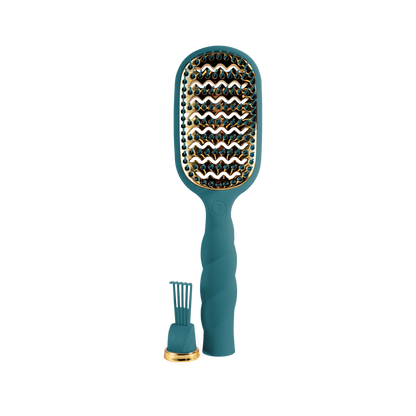 The Vented Hair Brush - Teal With It features a teal and gold wavy design with anti-static bristles for faster blowouts. Available sizes: small, medium, large.