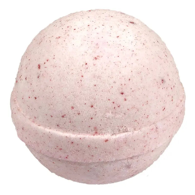 Pink, speckled spherical bath bomb with rough texture and visible seam. Available in small, medium, and large sizes.