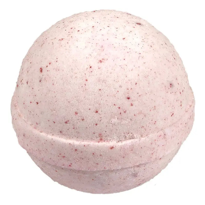 Pink, speckled spherical bath bomb with rough texture and visible seam. Available in small, medium, and large sizes.
