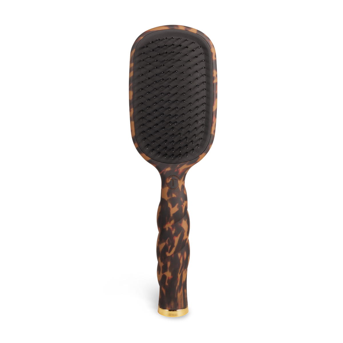 Rectangular detangler hair brush for thick hair with tortoiseshell-patterned handle, gold-accented tip, and black bristles. Available in multiple sizes.