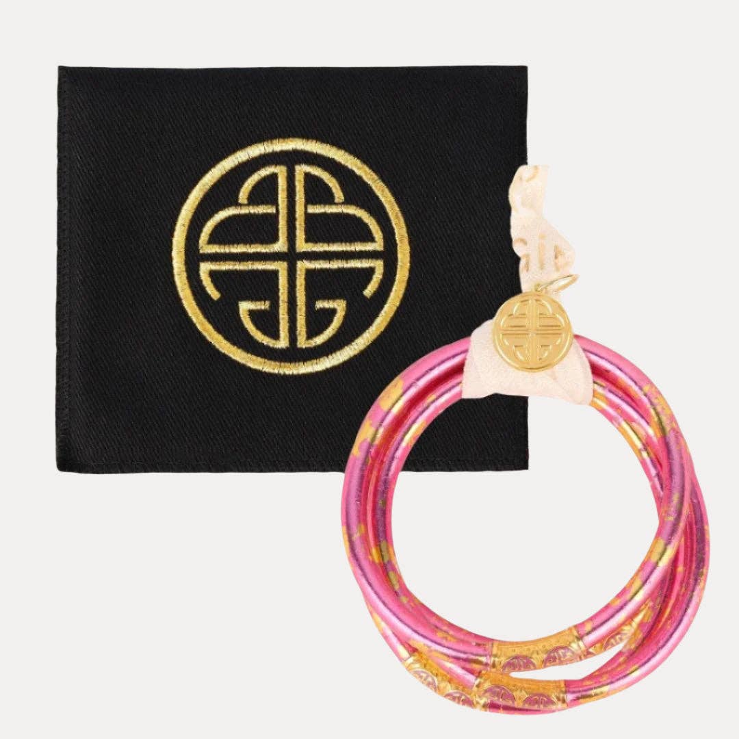 Pink and gold KOI Rose AWB® set of 4 friendship bracelets with gold charms. Sizes: Small, Medium, Large.