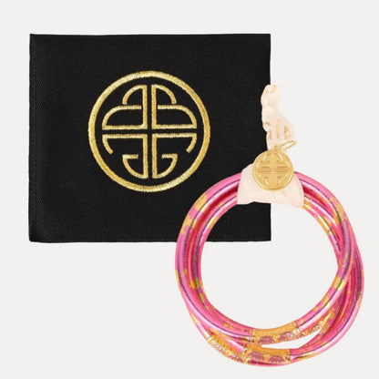 Pink and gold KOI Rose AWB® set of 4 friendship bracelets with gold charms. Sizes: Small, Medium, Large.