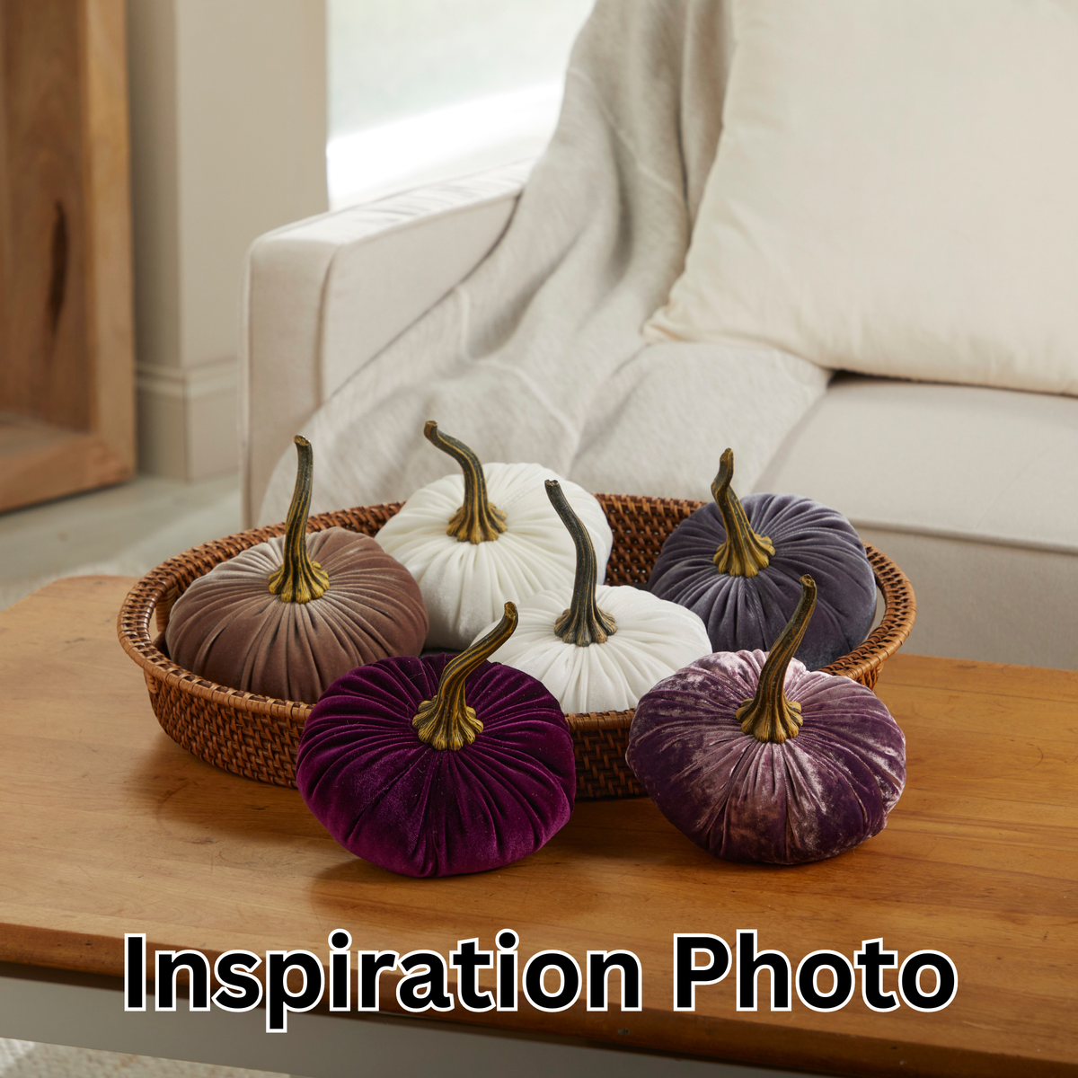 Six Pumpkin Large Velvet—Fall Mantel Decor in Fern, shown in white, brown, and purple. Available in large size. Text: “Inspiration Photo.”.