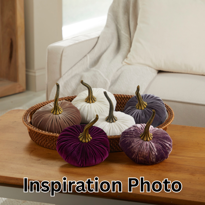 Six Pumpkin Large Velvet—Fall Mantel Decor in Fern, shown in white, brown, and purple. Available in large size. Text: “Inspiration Photo.”.