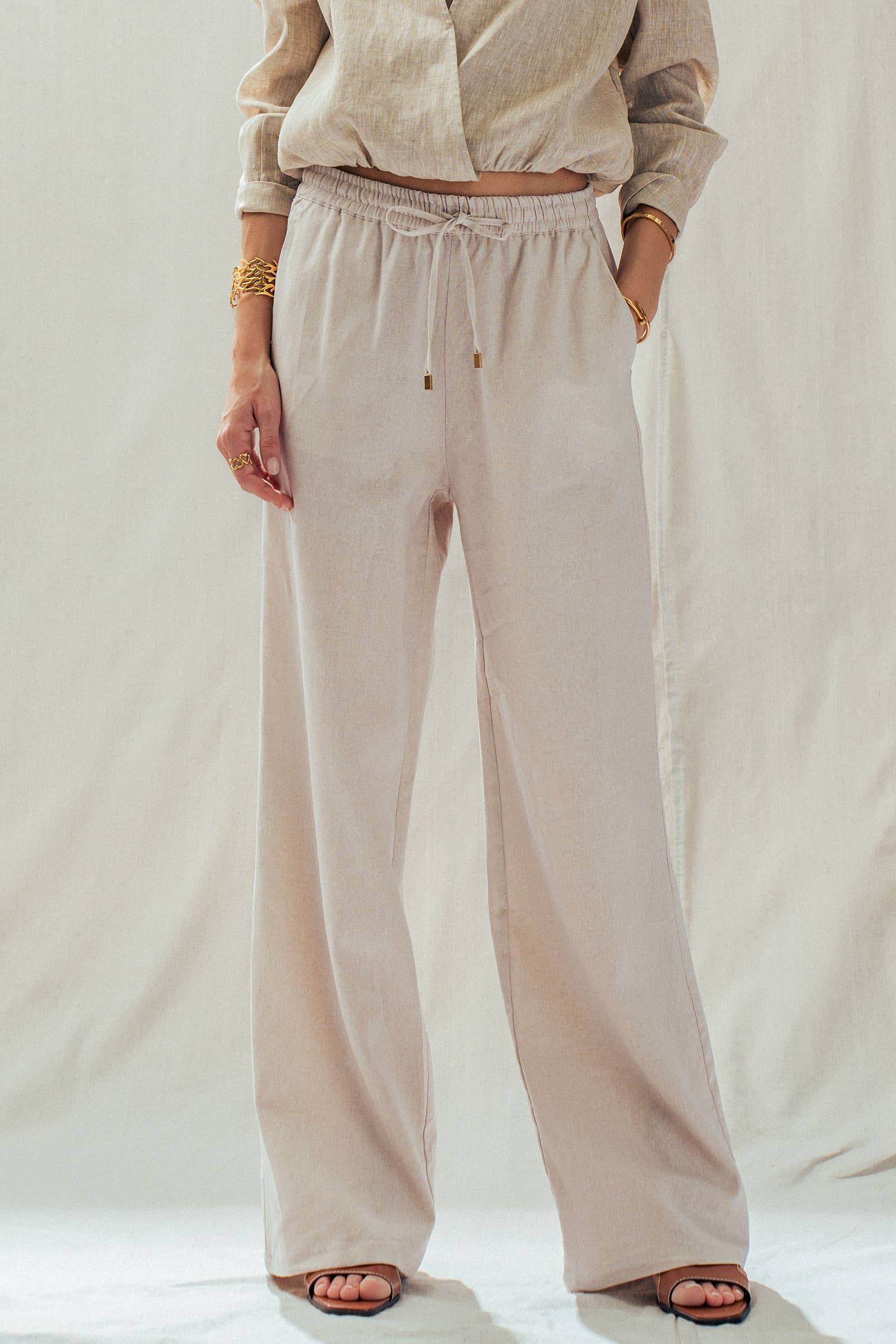 Natural Linen Blend Wide Leg Drawstring Pants, available in sizes XS-XL. Matching long-sleeve top sold separately.