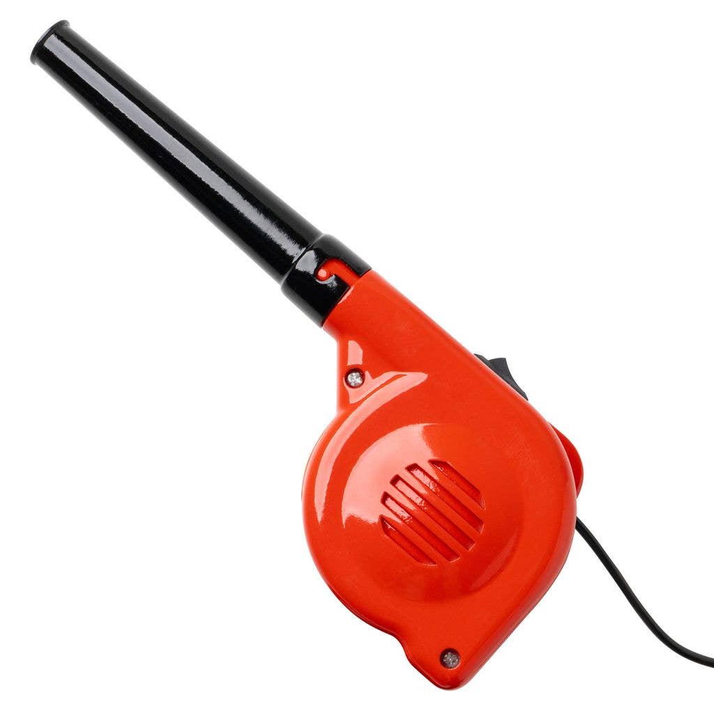 Red and black mini USB desktop blower with long nozzle; power cord visible. Sizes available: small, medium, large.