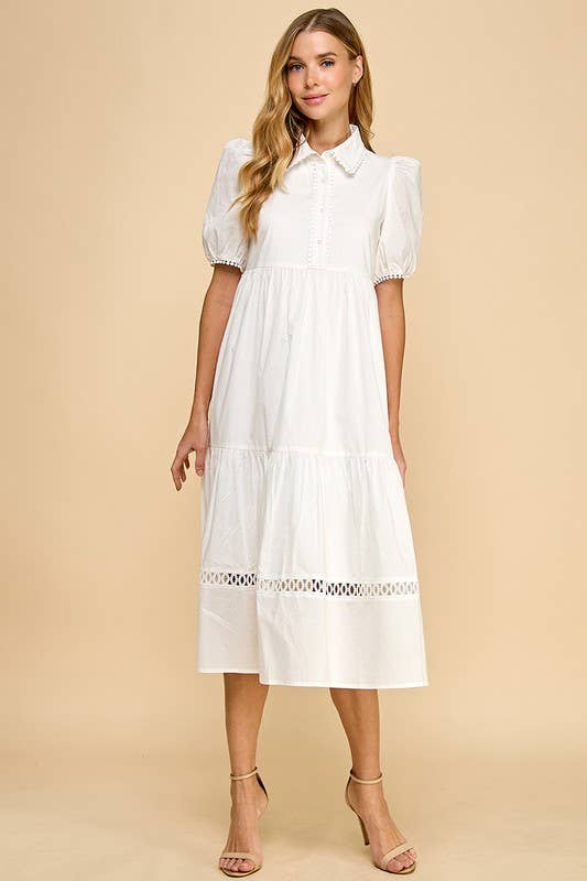 White Button-Up Collared Contrast Trim Midi Dress with puff sleeves and tiered skirt. Available in sizes XS-XL.