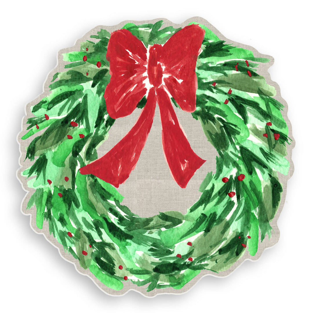 Watercolor Christmas wreath vinyl placemat with a large red bow and red berries.