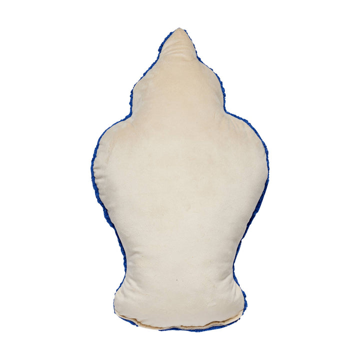 Shaped Chinoiserie Vase Hook Pillow, vase-shaped wool design with a beige front and blue trim.