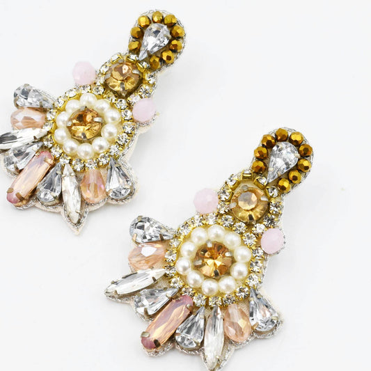 Gold chandelier earrings with pearl, pink, and clear crystals in floral fan design. Available in small, medium, and large sizes.