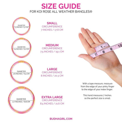 KOI Rose All Weather Bangles® Set of 4 in pink with sizes Small (7") to Extra Large (8.5"). Includes instructions and diameters.