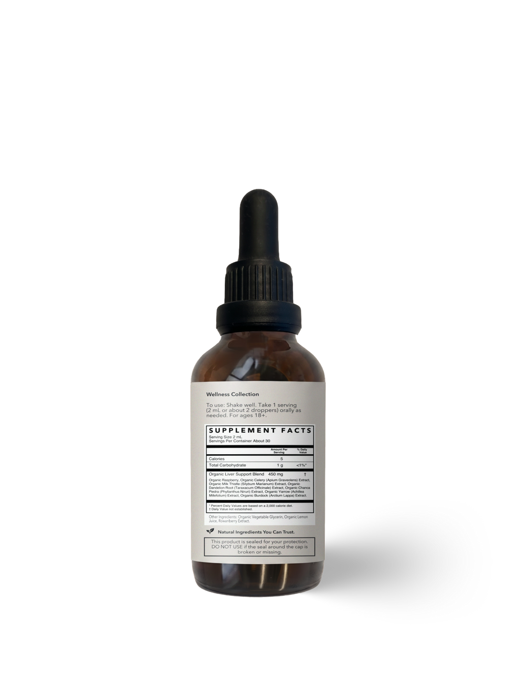 Liver Support Herbal Tincture in a 2 oz brown glass dropper bottle with a black cap and white label listing supplement facts and ingredients.